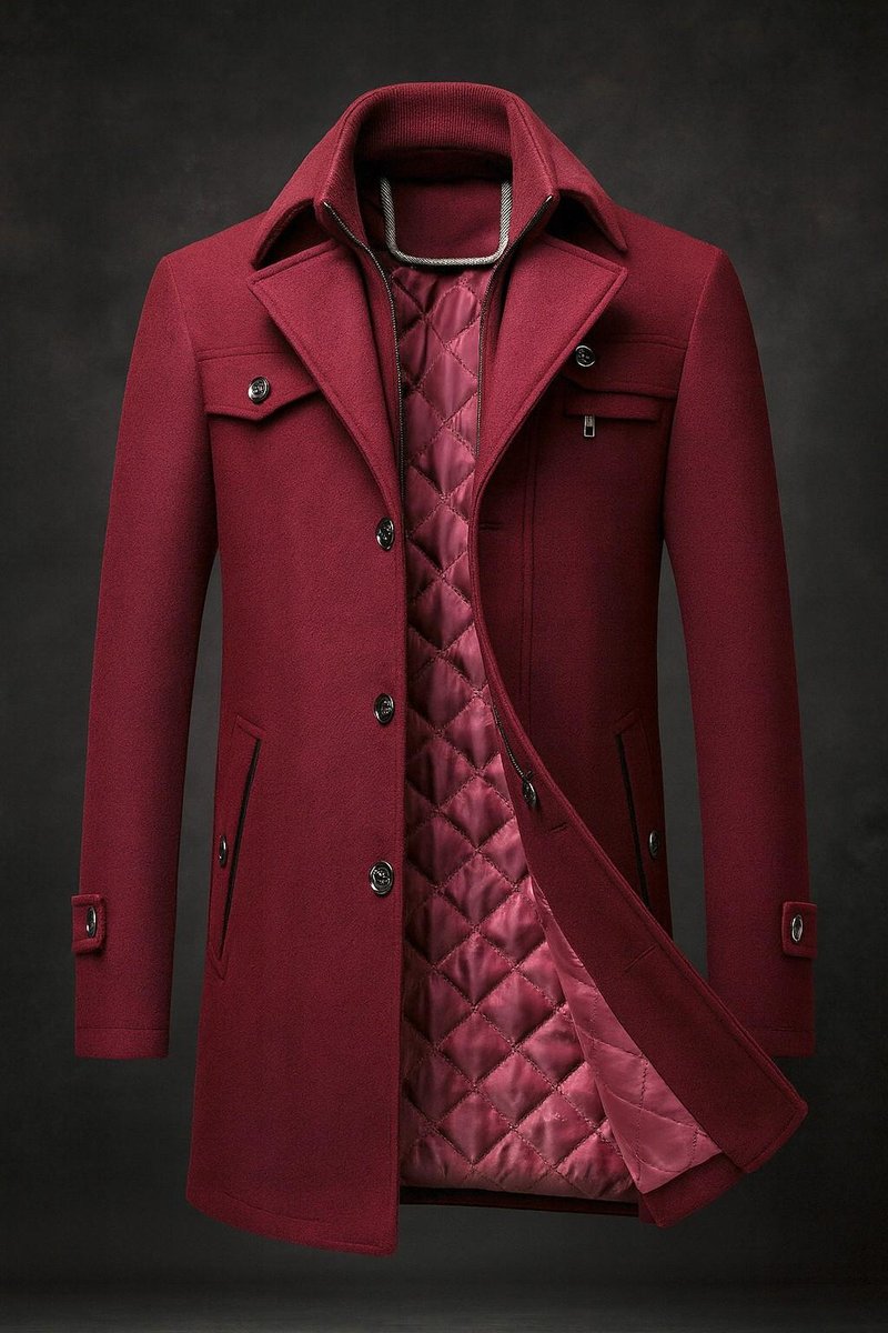Men's Wool Coat with Quilted Satin Lining and Chest Flap Pocket - Burgundy