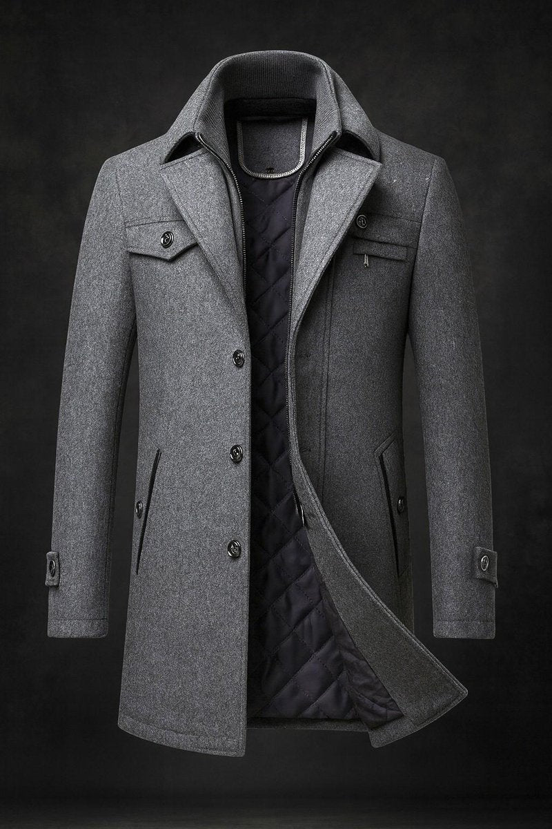 Men's Wool Coat with Quilted Satin Lining and Chest Flap Pocket - Gray