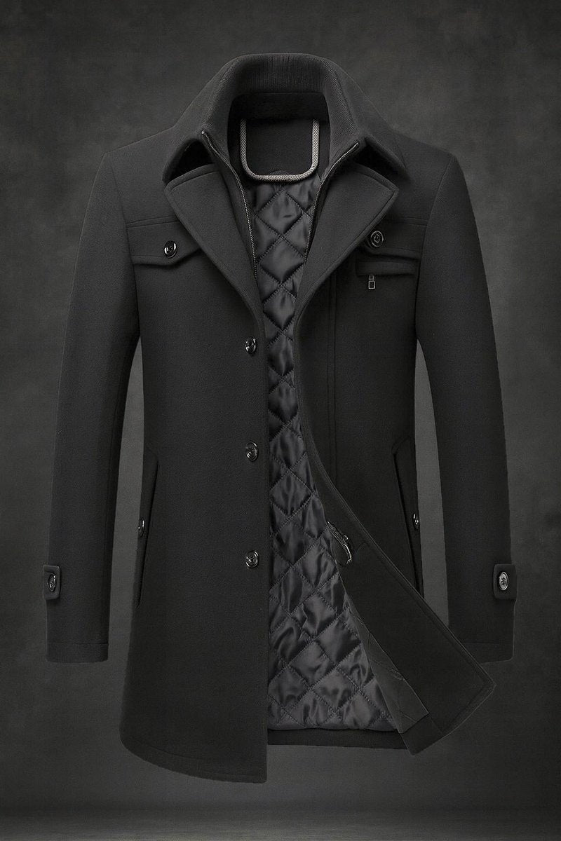 Men's Wool Coat with Quilted Satin Lining and Chest Flap Pocket - Black