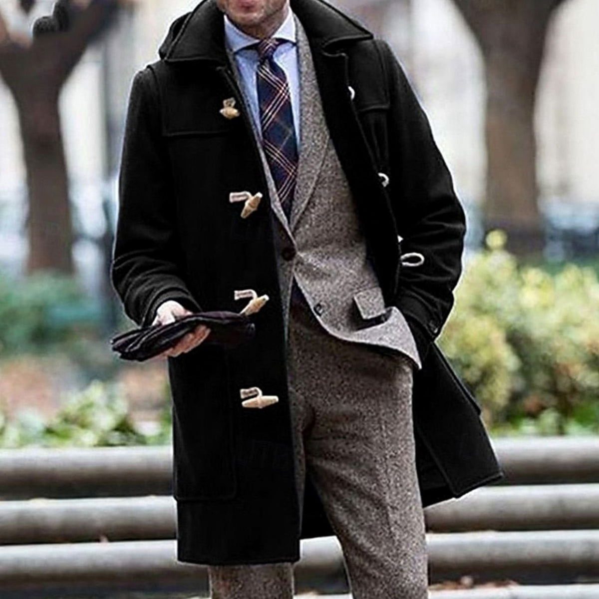 Men's Wool Toggle-Front Hooded Coat for Winter Commutes - Black