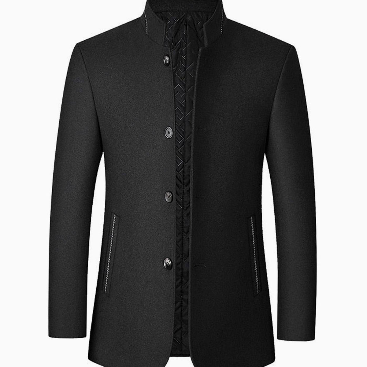 Men's Tailored Wool Overcoat with Diamond-Quilted Lining - Black