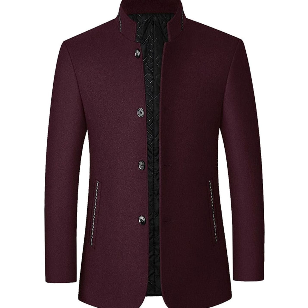 Men's Tailored Wool Overcoat with Diamond-Quilted Lining - Wine