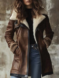 Women's Relaxed-Fit Brown Leather Topcoat with Plush Faux Fur Lining - Brown