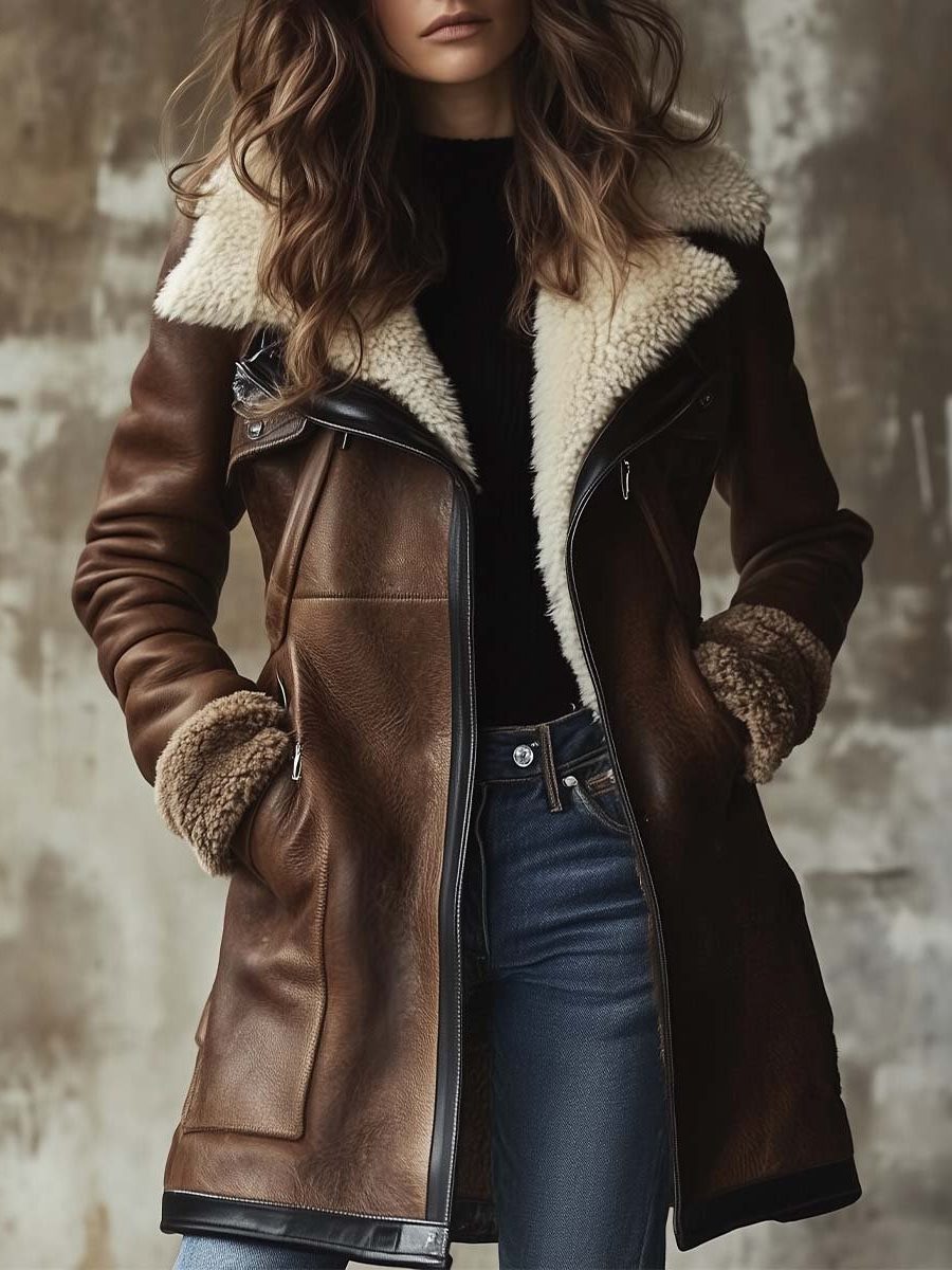 Women's Relaxed-Fit Brown Leather Topcoat with Plush Faux Fur Lining - Brown