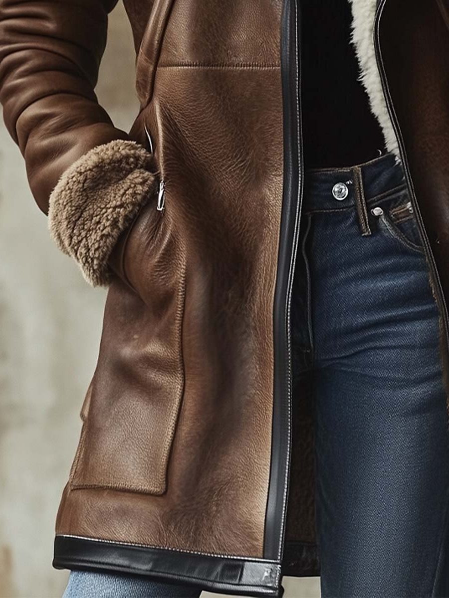 Women's Relaxed-Fit Brown Leather Topcoat with Plush Faux Fur Lining