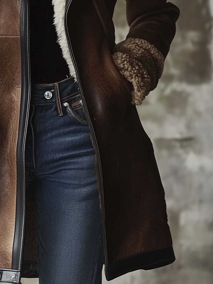 Women's Relaxed-Fit Brown Leather Topcoat with Plush Faux Fur Lining