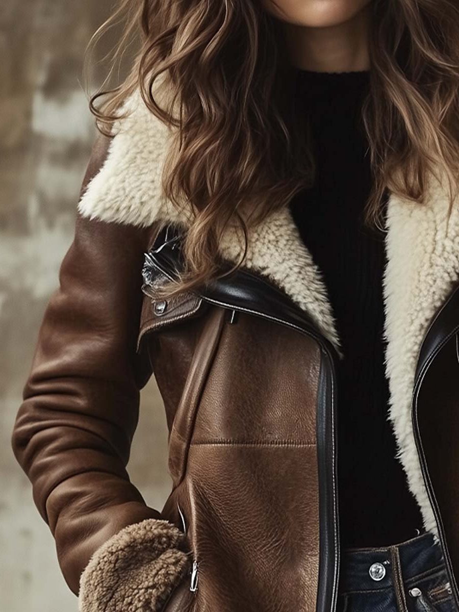 Women's Relaxed-Fit Brown Leather Topcoat with Plush Faux Fur Lining