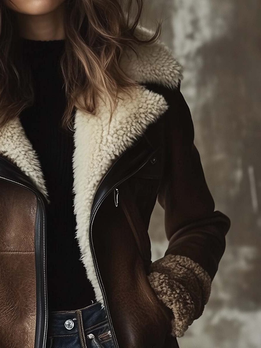 Women's Relaxed-Fit Brown Leather Topcoat with Plush Faux Fur Lining