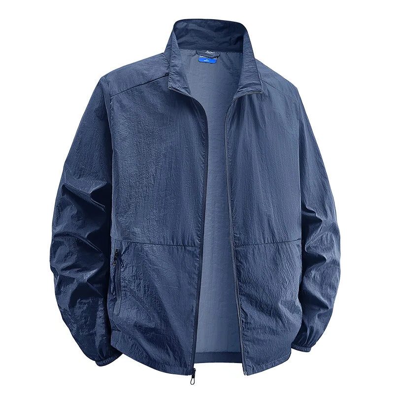 Men's Crinkle-Look Casual Jacket with Full Front Zip - Dark Blue