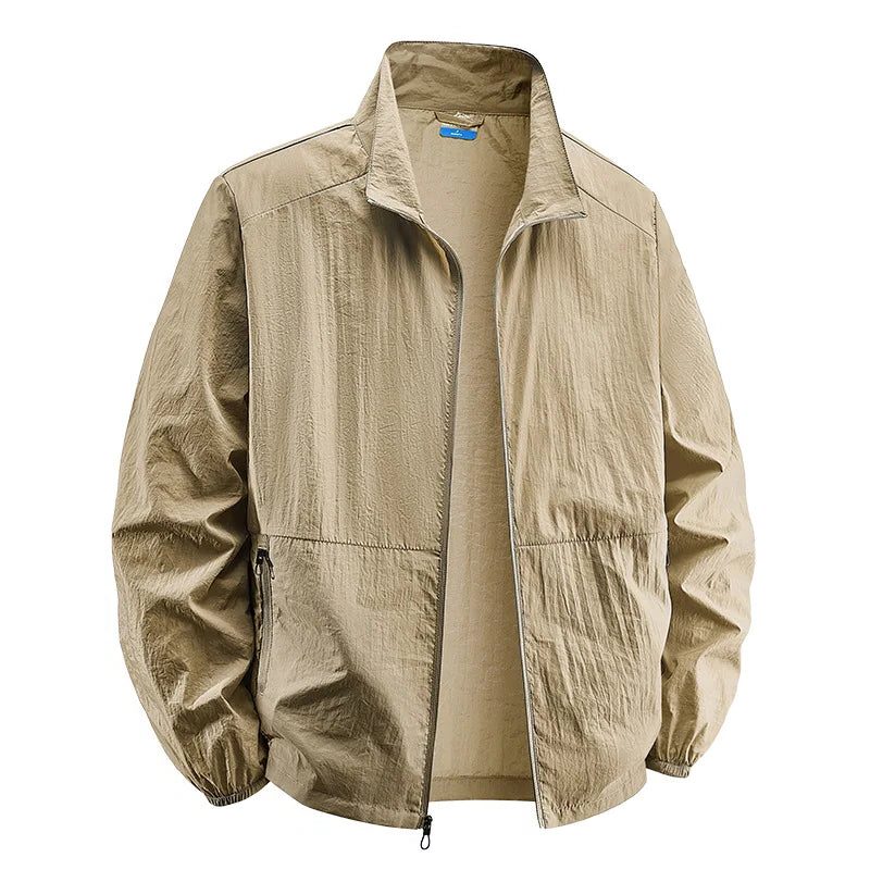 Men's Crinkle-Look Casual Jacket with Full Front Zip - Khaki