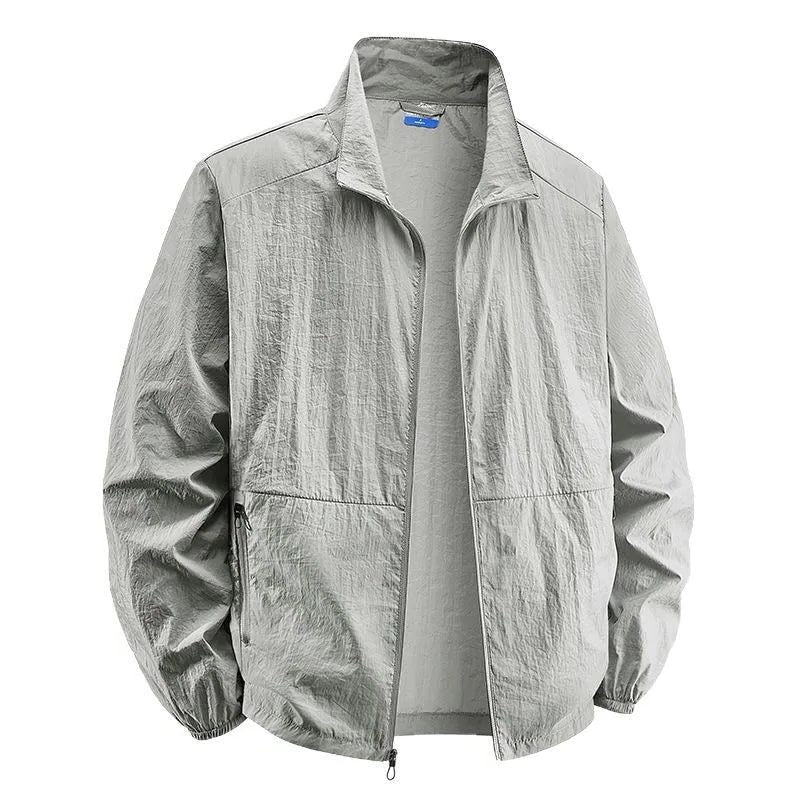 Men's Crinkle-Look Casual Jacket with Full Front Zip - Light Gray