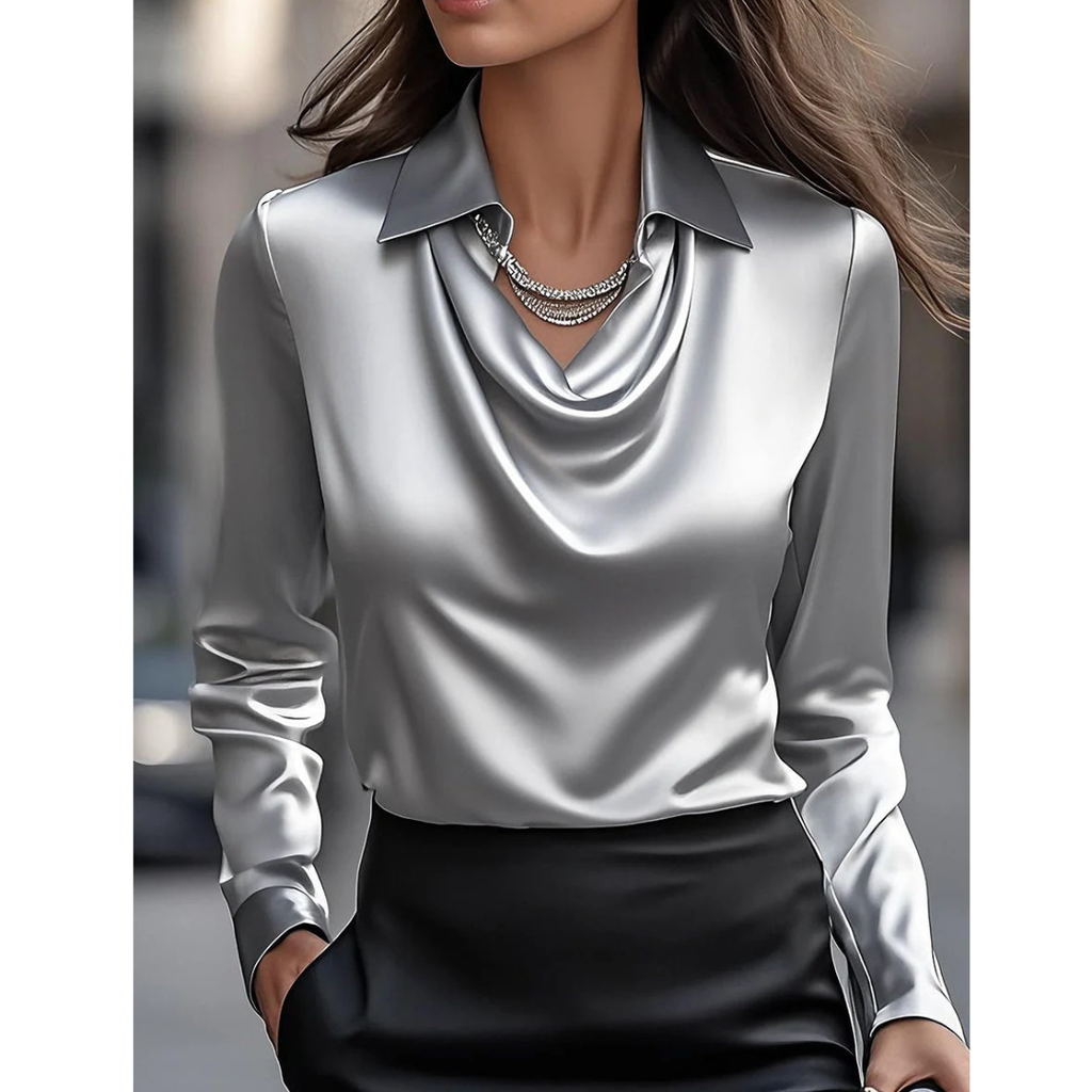 Women's Satin Cowl Neck Blouse – Elegant Long-Sleeve