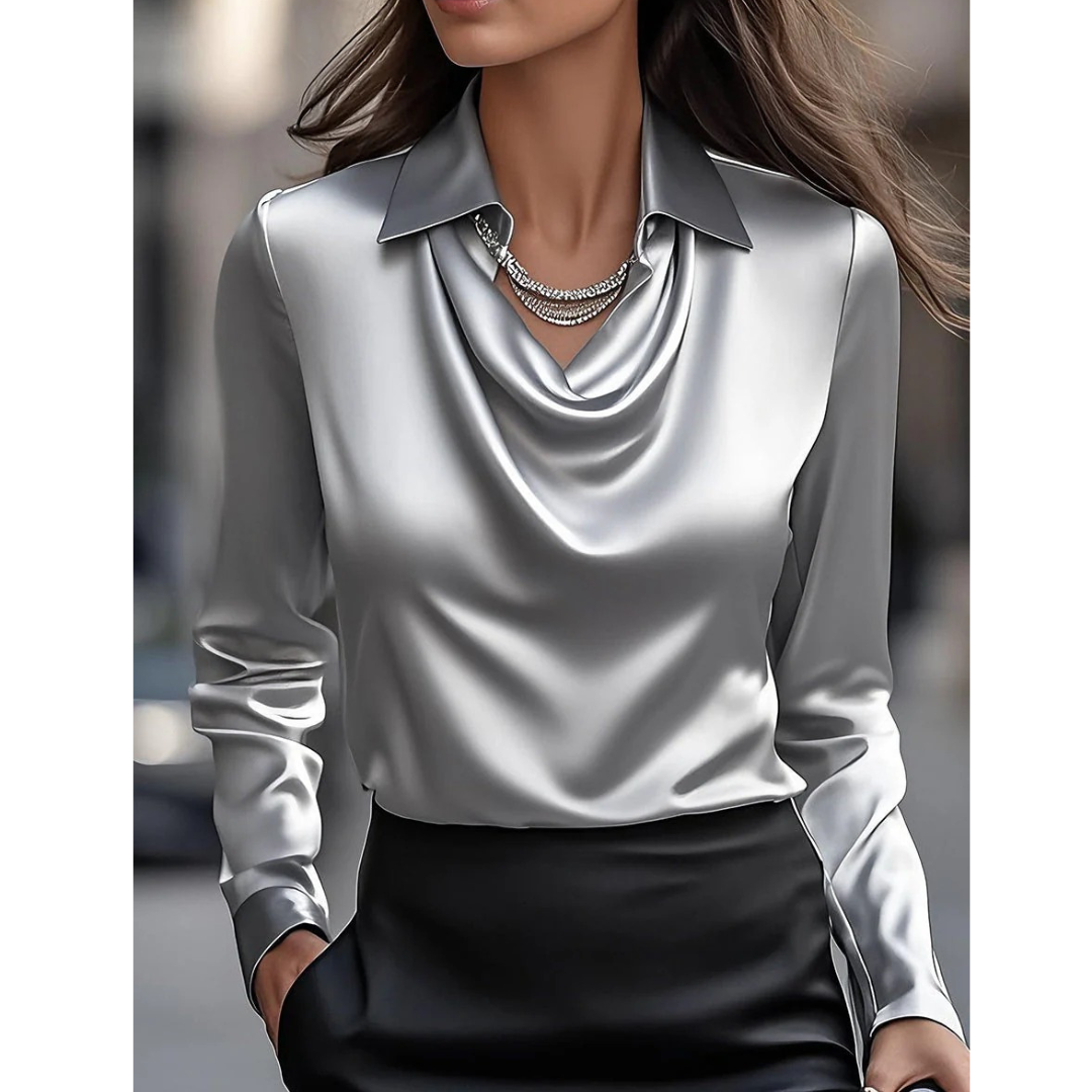 Women's Satin Cowl Neck Blouse – Elegant Long-Sleeve