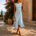 Women's Asymmetric Midi Dress – Tie-Waist Wedding Guest