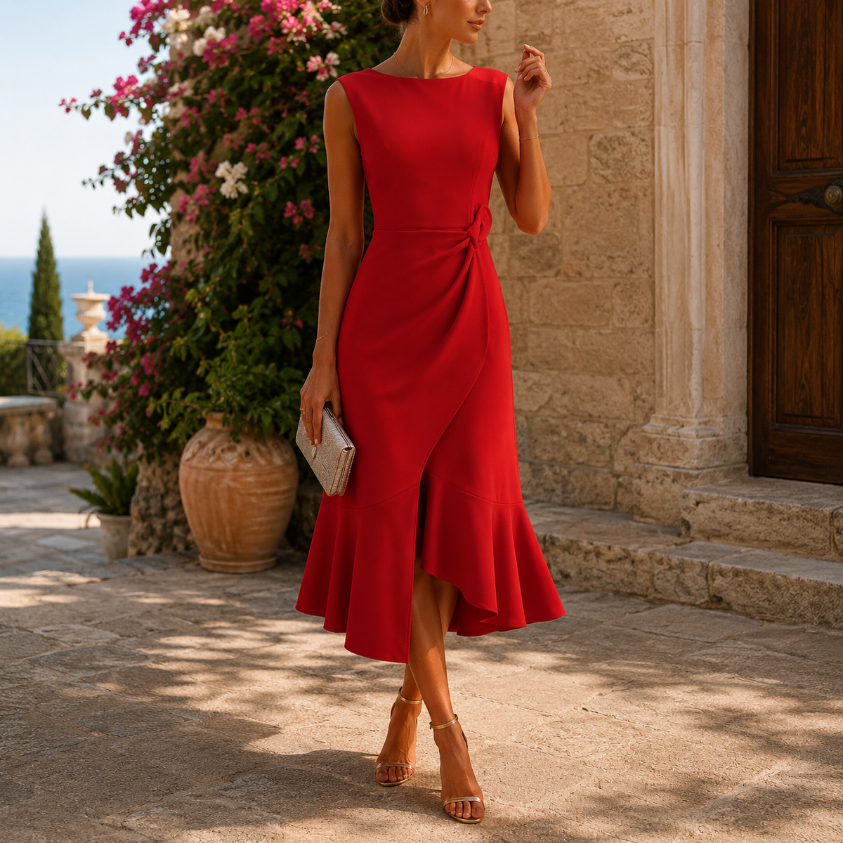 Women's Asymmetric Midi Dress – Tie-Waist Wedding Guest