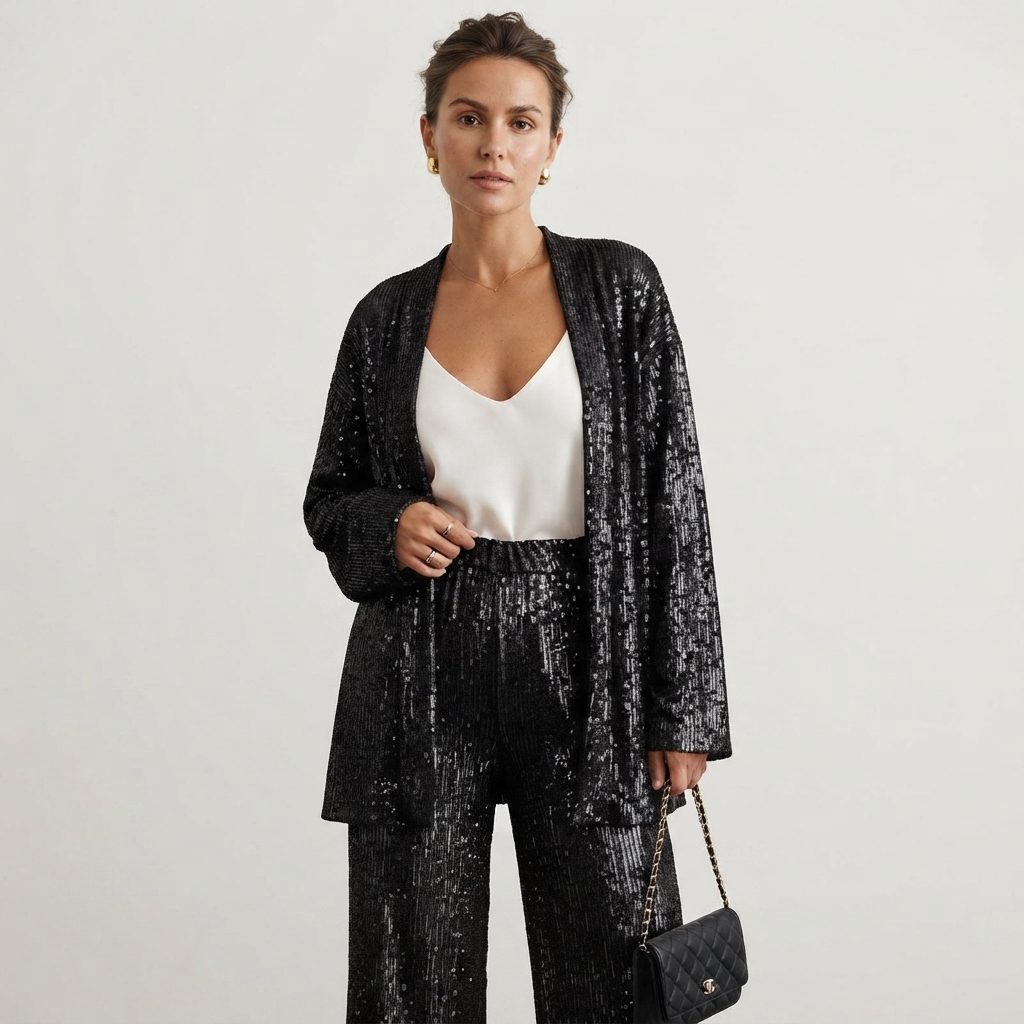 Women's Shimmering Sequin Evening Set with Open Cardigan - Black