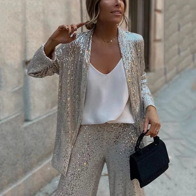 Women's Shimmering Sequin Evening Set with Open Cardigan - Silver