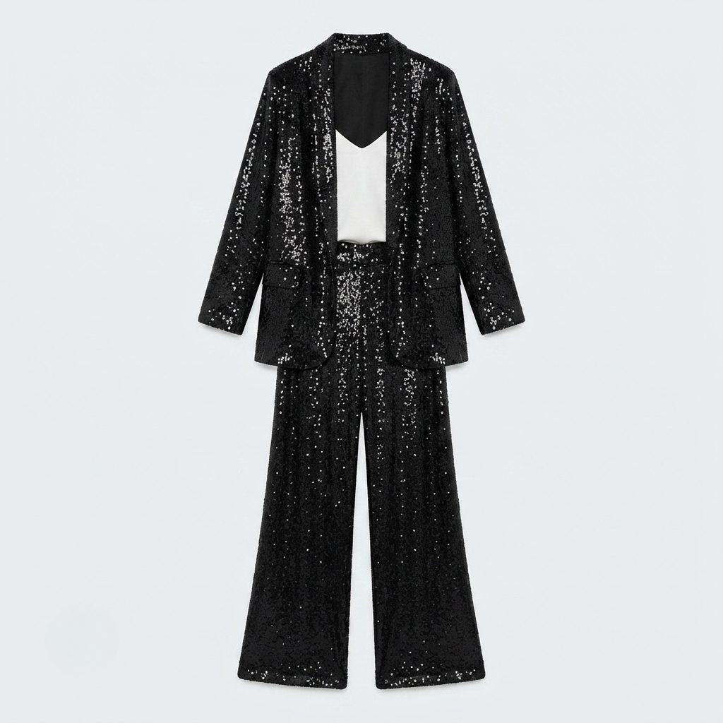 Women's Shimmering Sequin Evening Set with Open Cardigan