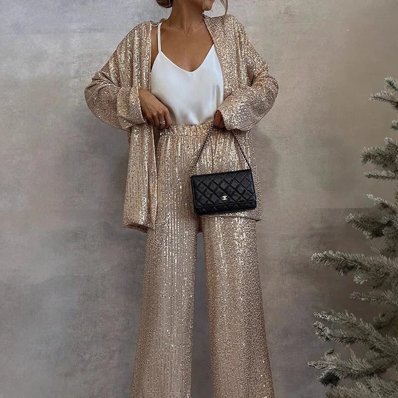 Women's Shimmering Sequin Evening Set with Open Cardigan