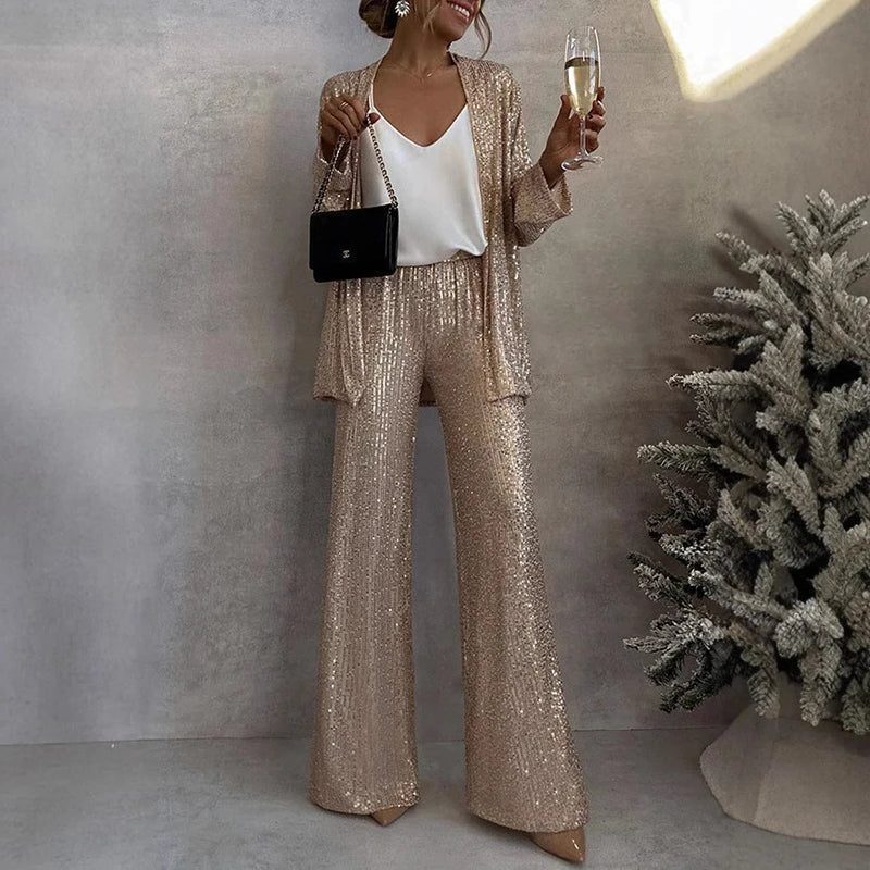 Women's Shimmering Sequin Evening Set with Open Cardigan