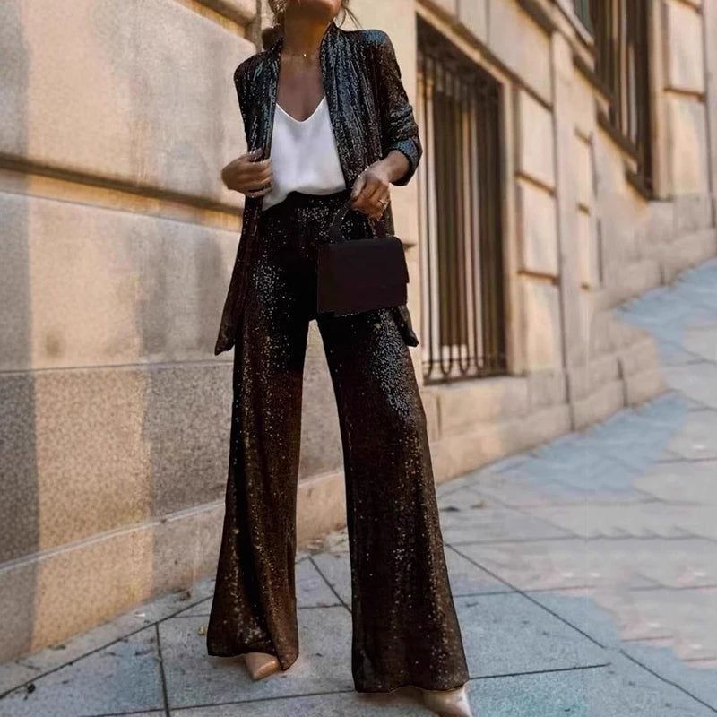 Women's Shimmering Sequin Evening Set with Open Cardigan