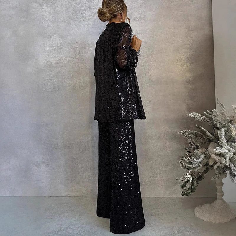 Women's Shimmering Sequin Evening Set with Open Cardigan