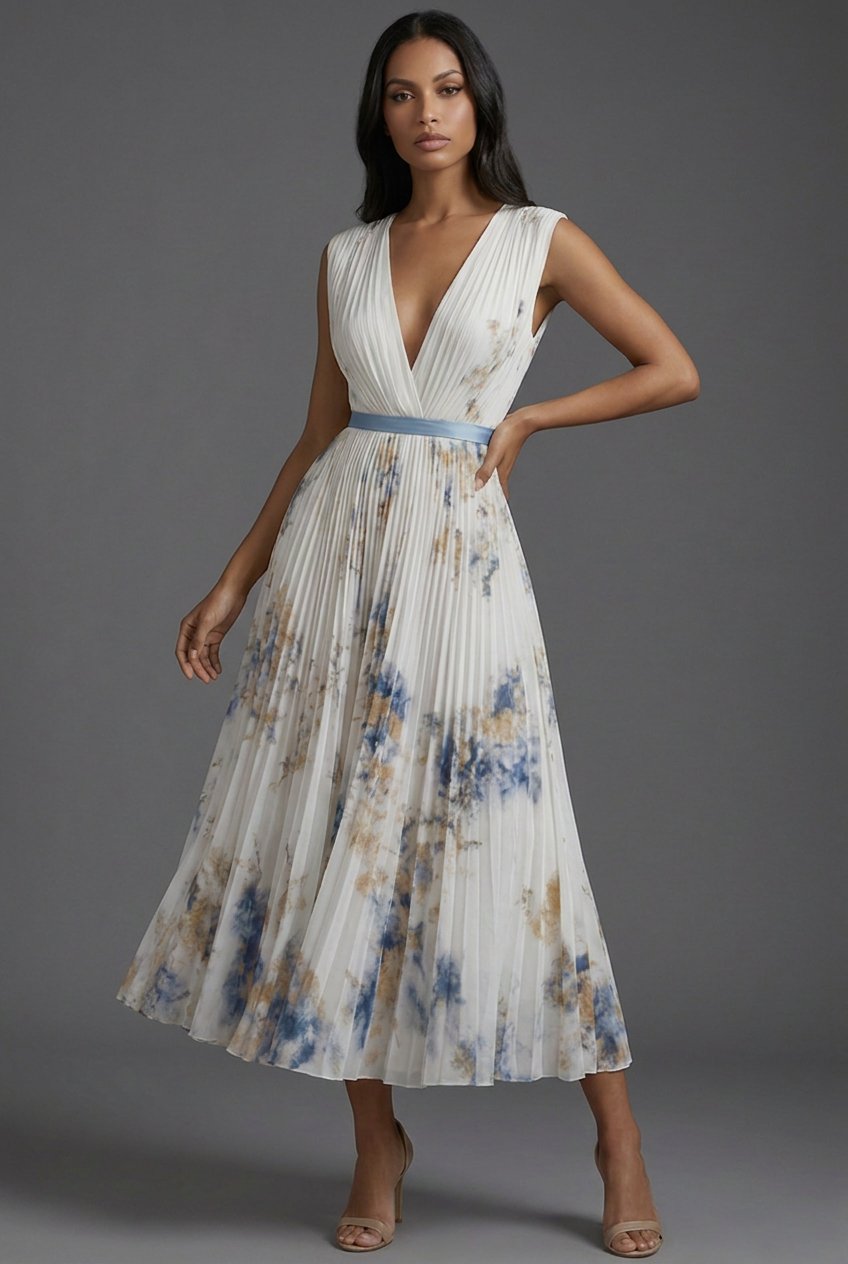 Women's Mother of the Bride Dress Pleated Floral V-Neck