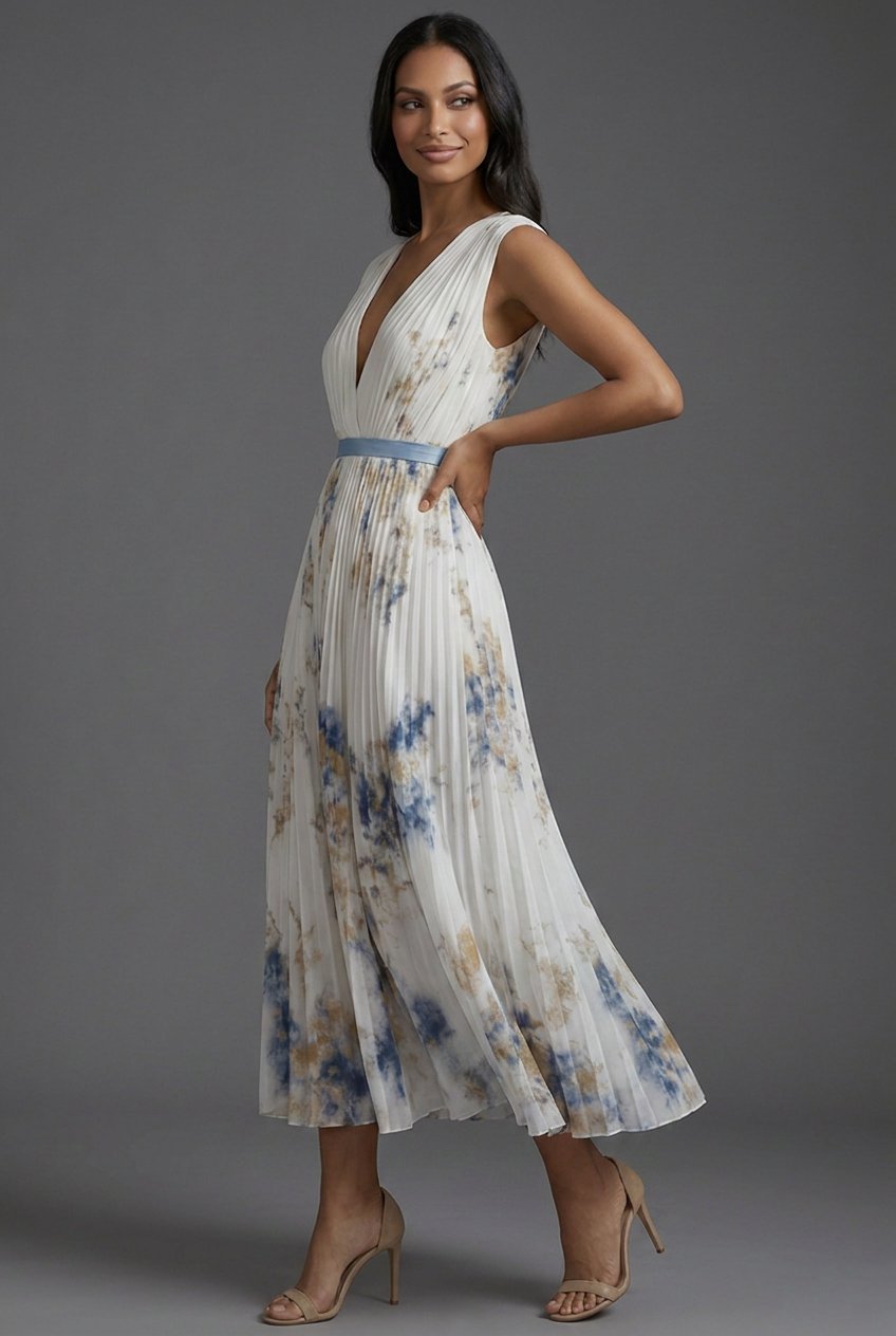 Women's Mother of the Bride Dress Pleated Floral V-Neck