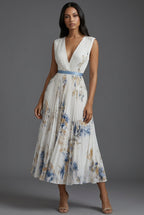 Women's Mother of the Bride Dress Pleated Floral V-Neck