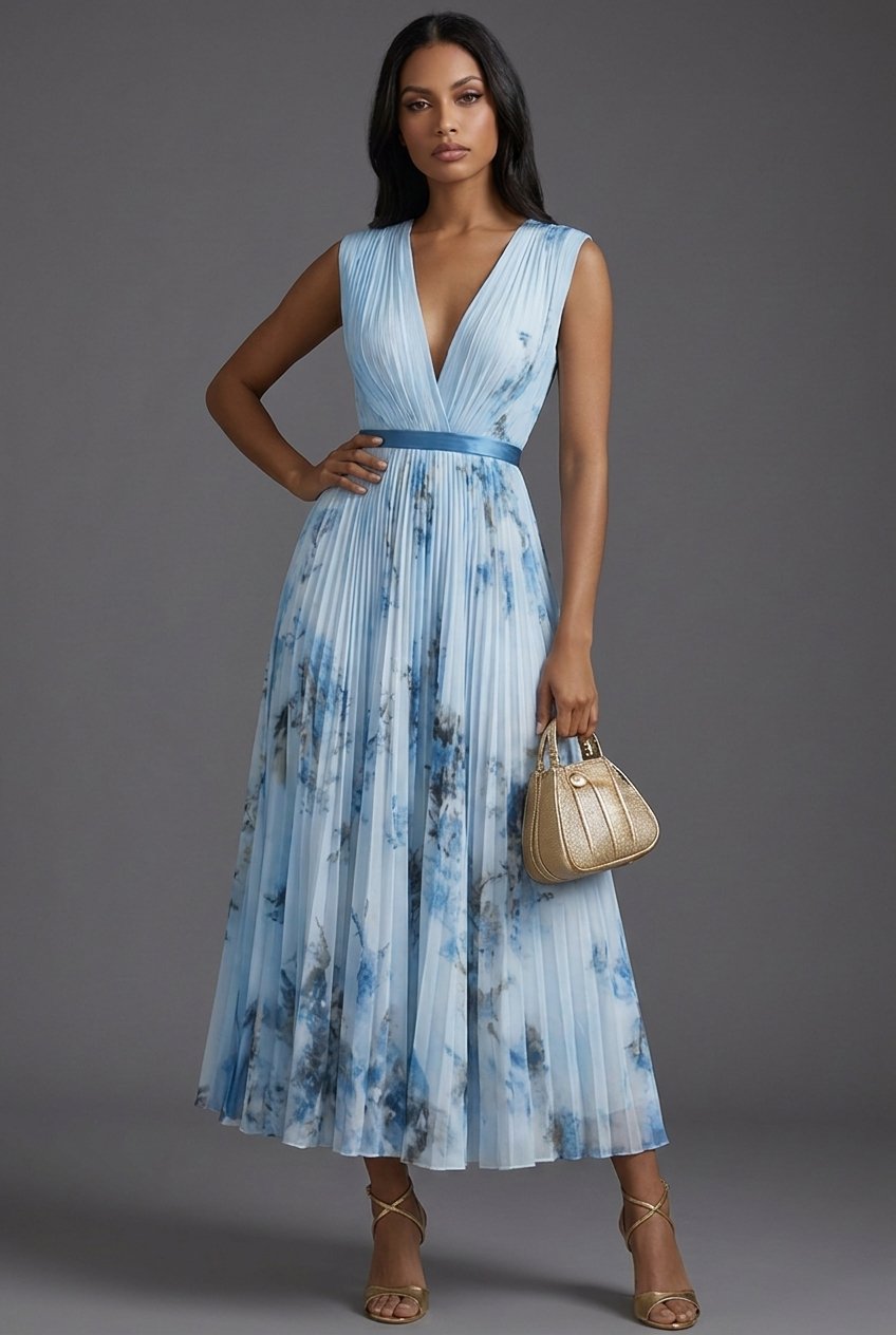 Women's Mother of the Bride Dress Pleated Floral V-Neck