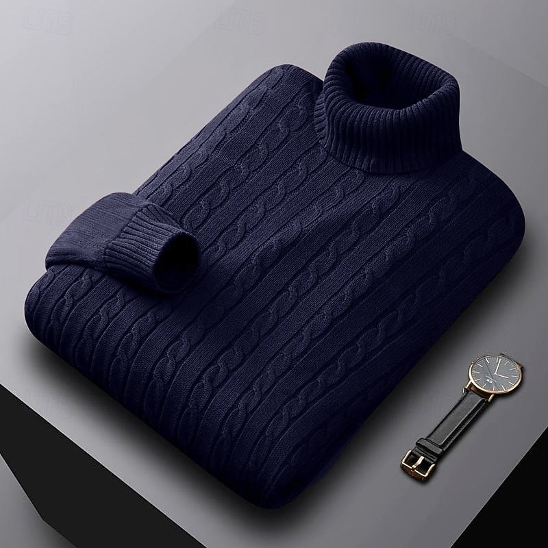 Men's Everyday Cable Turtleneck Sweater in a Regular Cut - Navy Blue