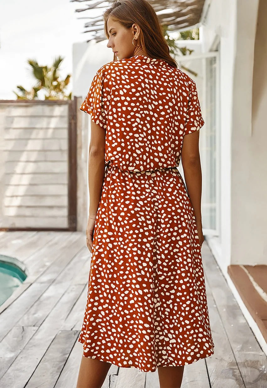 Women's Midi Summer Dress Adjustable Waist Lightweight Printed