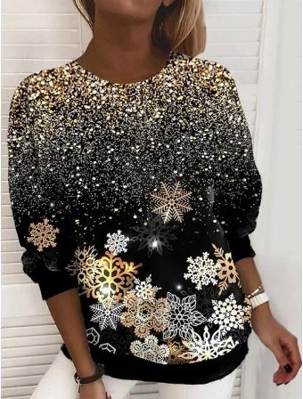 Women's Festive Graphic Crew Neck Pullover Sweatshirt - Black Gold Snowflake