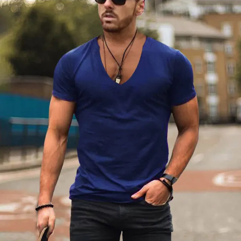 Men's Fitted V Neck T Shirt Deep Neckline Summer