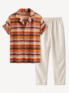 Men's Printed Cuban Shirt and Linen Blend Trousers Summer