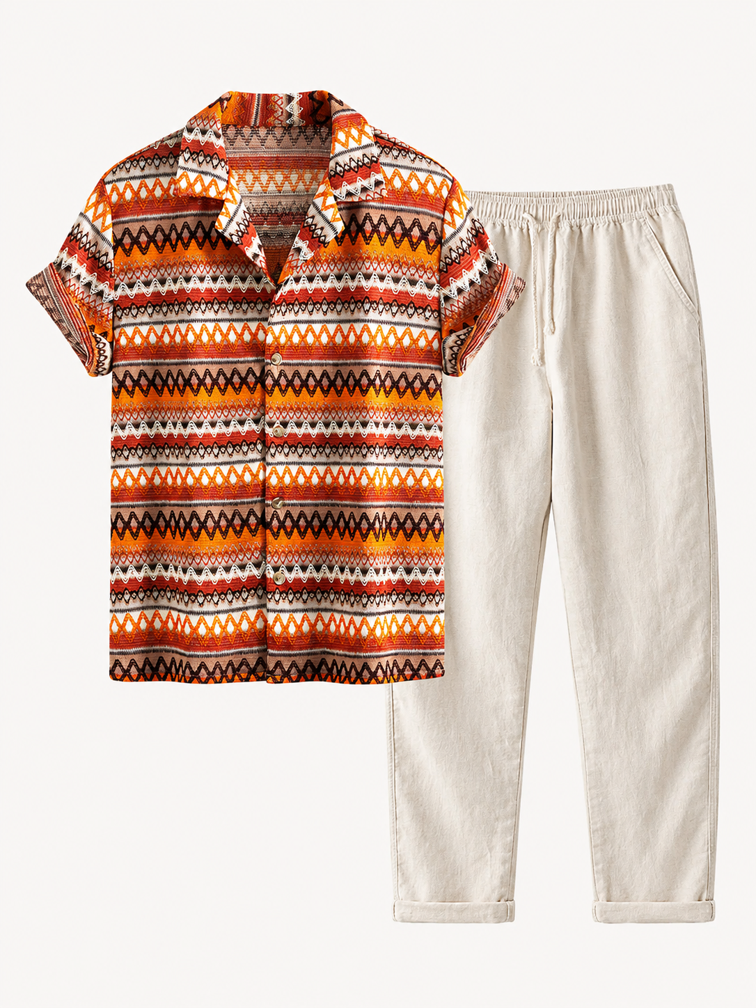 Men's Printed Cuban Shirt and Linen Blend Trousers Summer