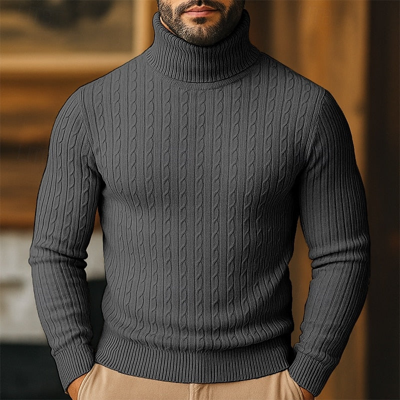 Men's Slim-Fit Turtleneck Sweater with Twisted Cable Texture - Dark Gray