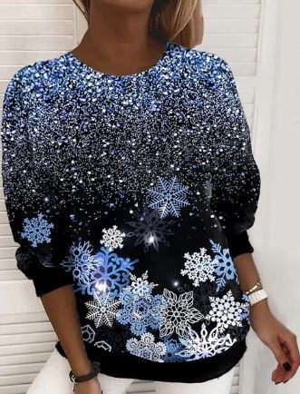 Women's Festive Graphic Crew Neck Pullover Sweatshirt - Blue Snowflake
