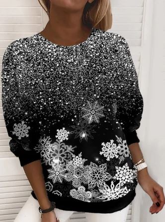 Women's Festive Graphic Crew Neck Pullover Sweatshirt - Gray