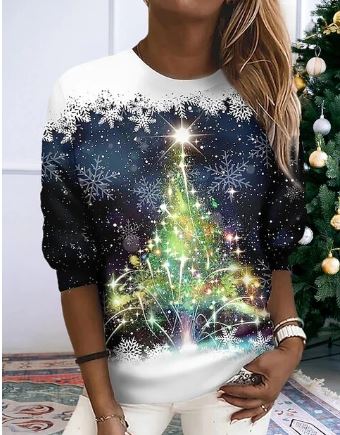 Women's Festive Graphic Crew Neck Pullover Sweatshirt - White Navy Tree