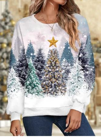 Women's Festive Graphic Crew Neck Pullover Sweatshirt - White Winter Forest