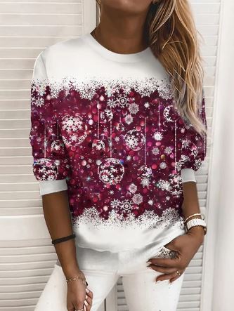 Women's Festive Graphic Crew Neck Pullover Sweatshirt - White Burgundy Sparkle