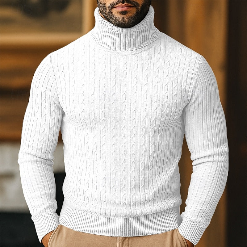 Men's Slim-Fit Turtleneck Sweater with Twisted Cable Texture - White