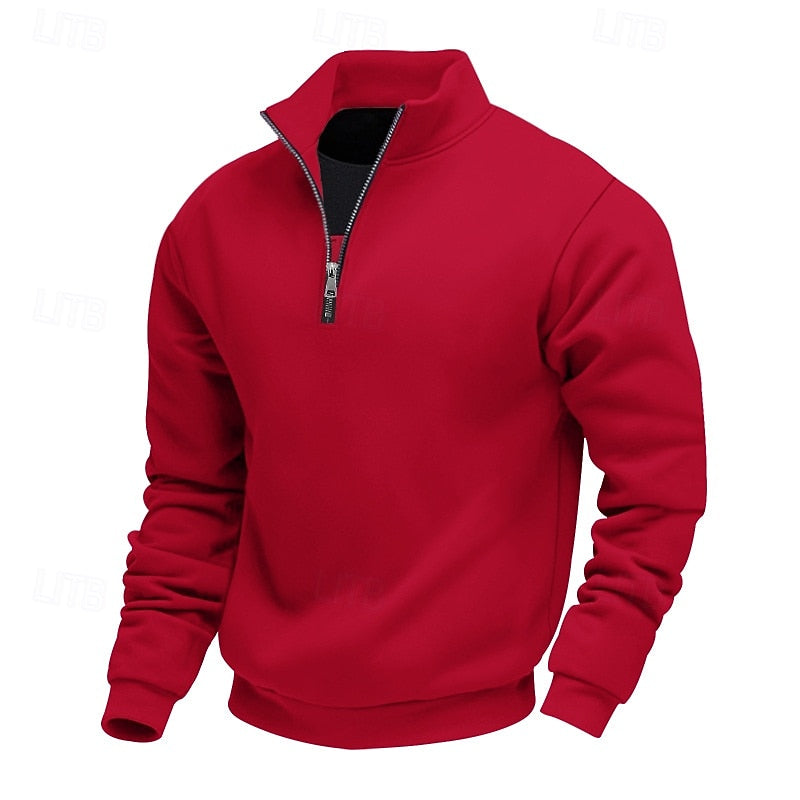 Women's Plain Relaxed Zip Neck Everyday Pullover - Red
