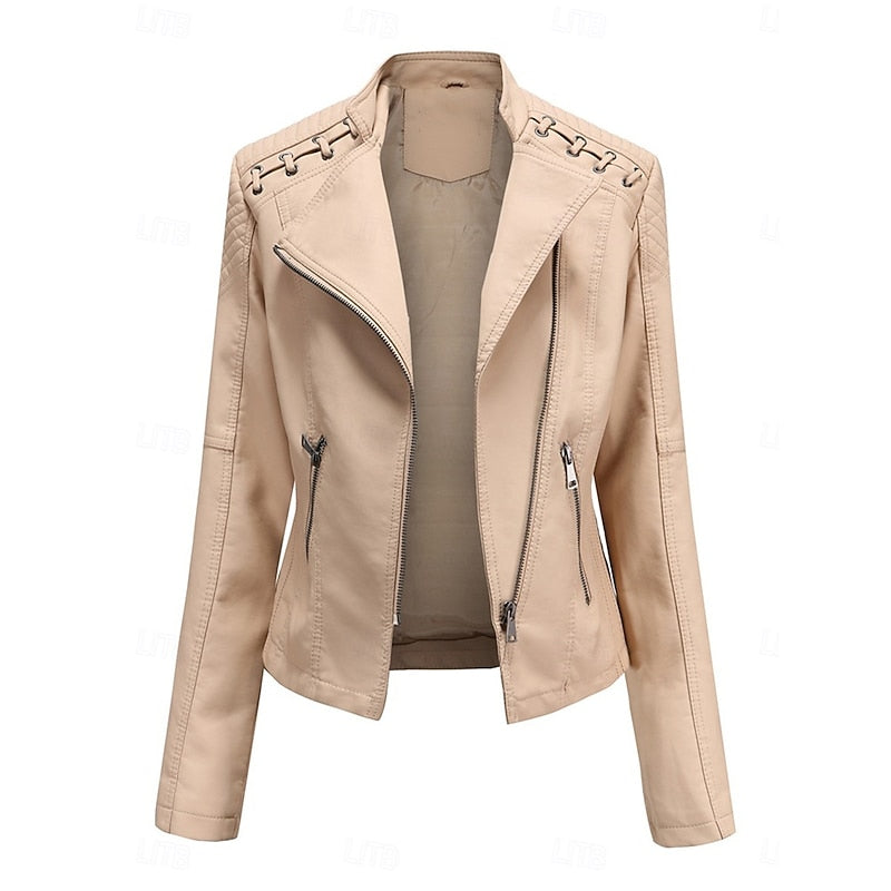 Women's Classic Fitted Biker Jacket - Khaki