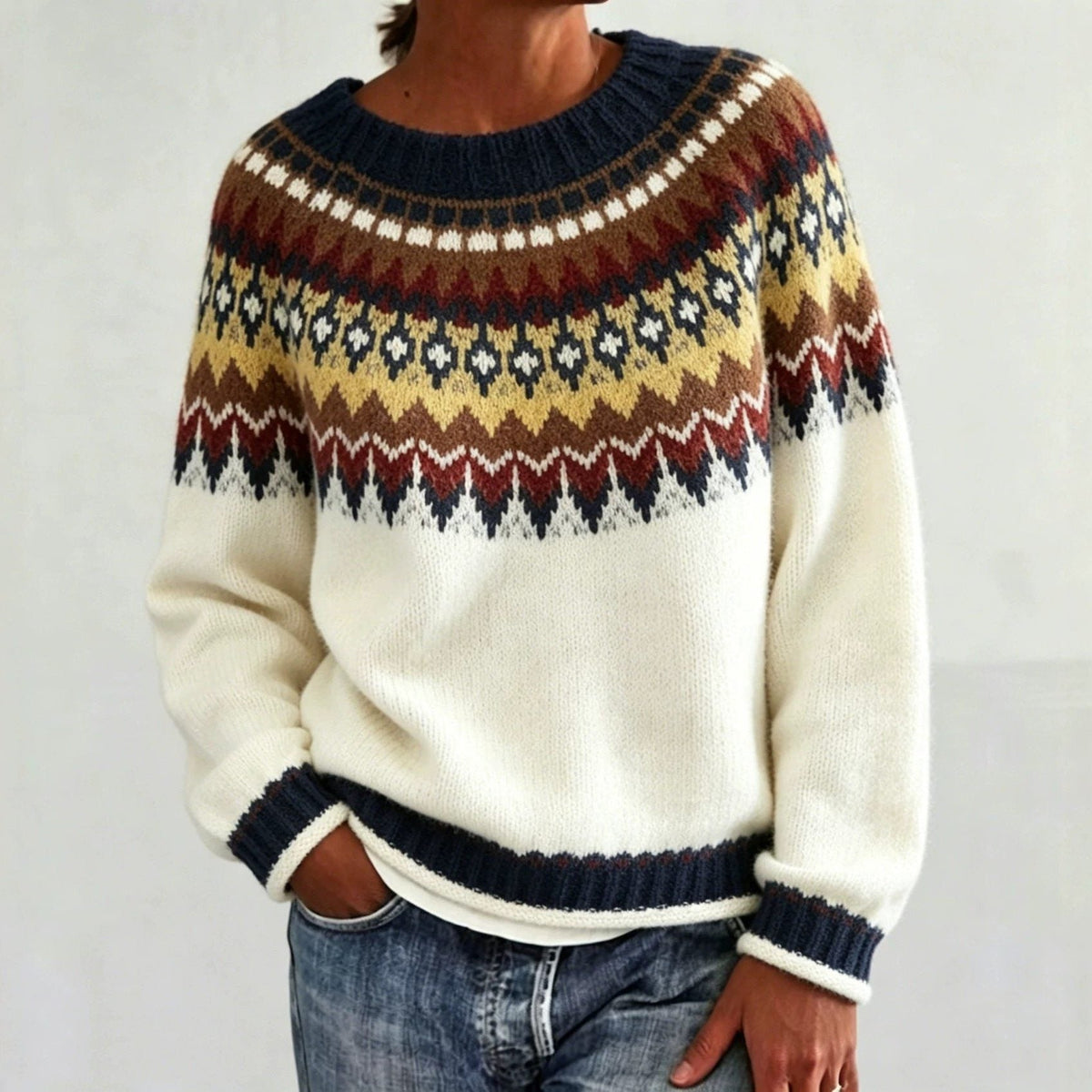 Women's Crewneck Sweater with Geometric Knit Yoke