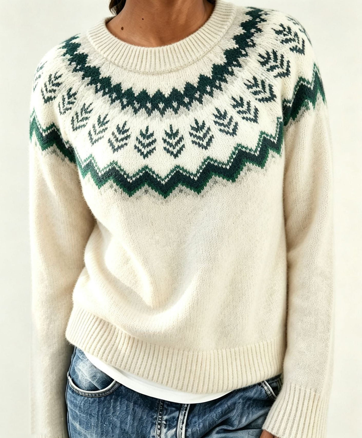 Women's Crewneck Sweater with Geometric Knit Yoke - White