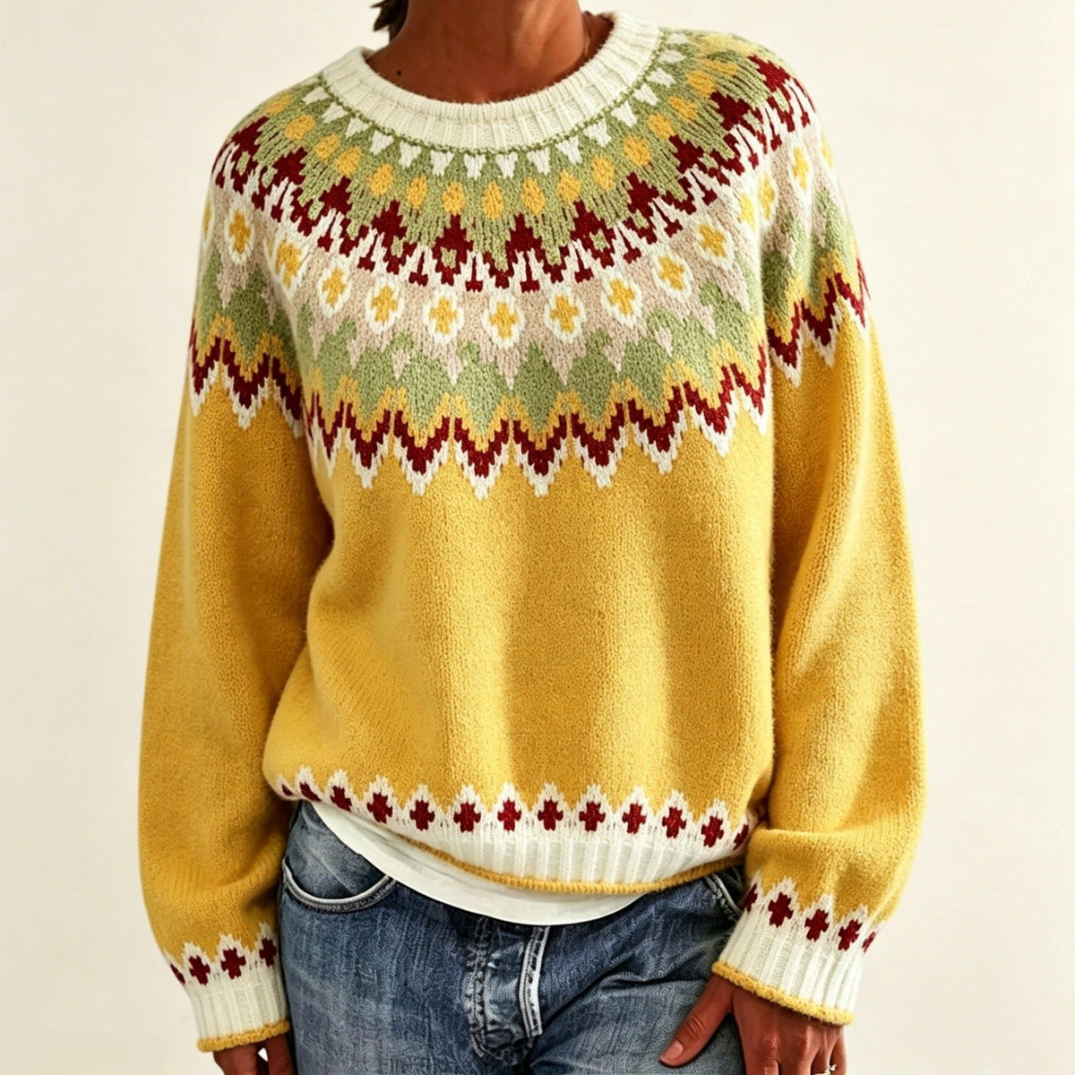 Women's Crewneck Sweater with Geometric Knit Yoke - Yellow