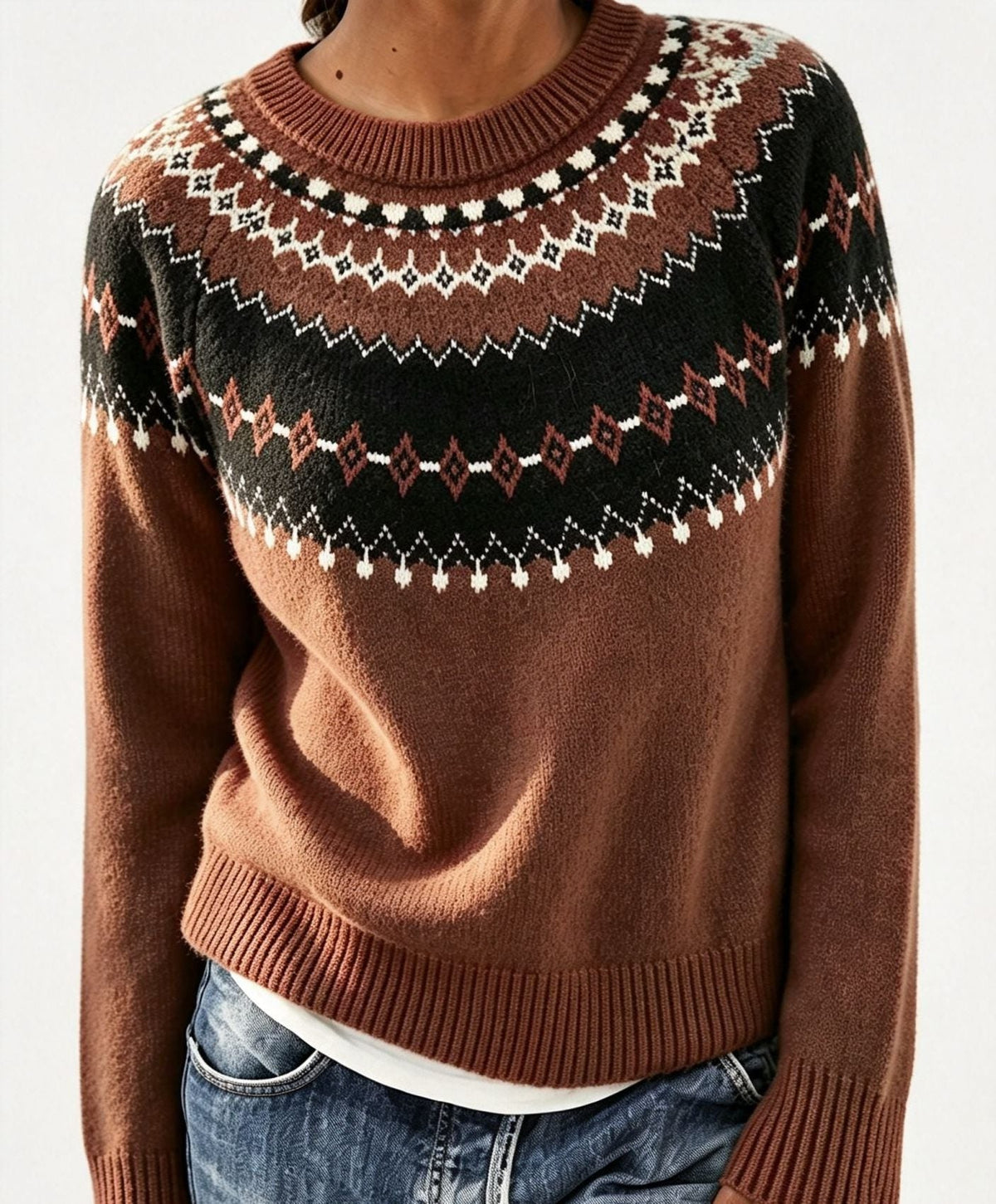 Women's Crewneck Sweater with Geometric Knit Yoke - Caramel