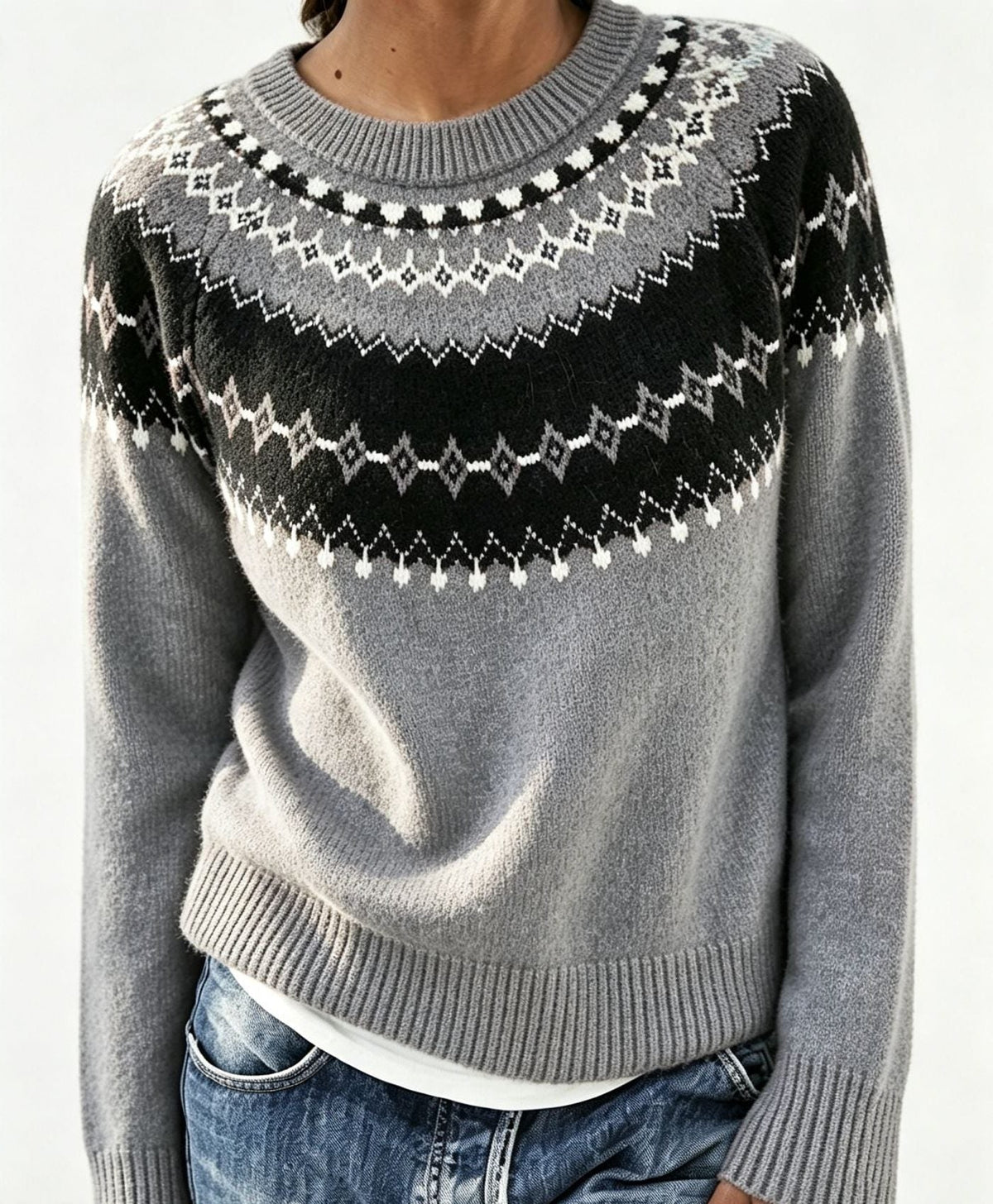 Women's Crewneck Sweater with Geometric Knit Yoke - Gray